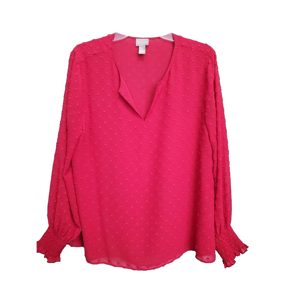 Chico's Red Clip Dot Split Neck Smocked Cuff Blouse Size 2 Large
